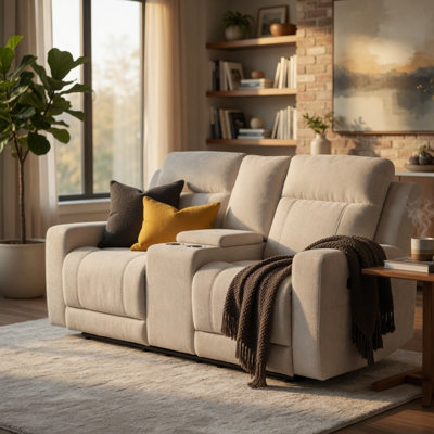 Kenie Power Reclining Loveseat with Console, Ivory Chenille Fabric