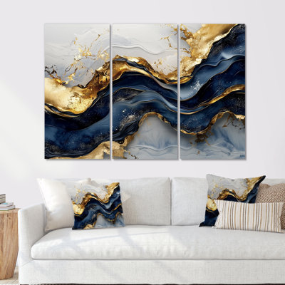 «Aqua River Of Nero Marquina», art mural en marbre - ensemble de 3
