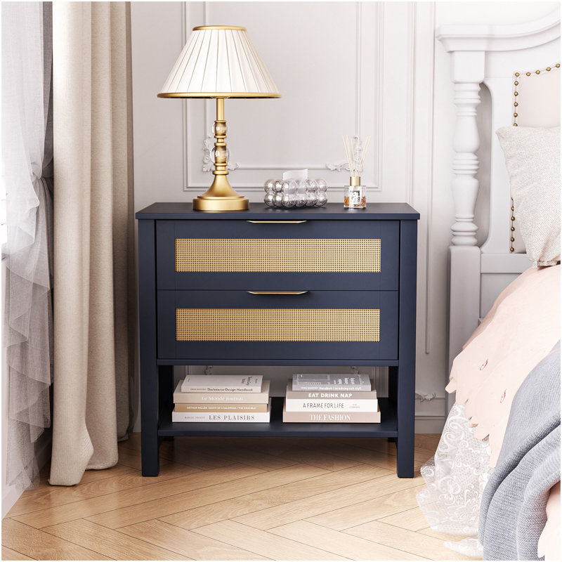 Table de chevet étroite en rotin avec 2 tiroirs et tablette de rangement Boho, Navy Blue