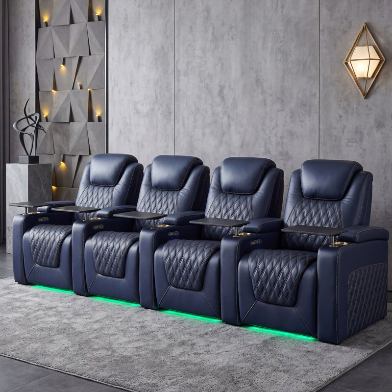 Rangée de sièges de cinéma maison 7 couleurs d'éclairage ambiant sur 4, Cuir véritable bleu
