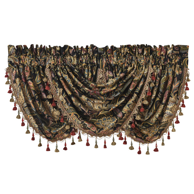Stefania Black Cotton Waterfall Valance with Tassel Fringe