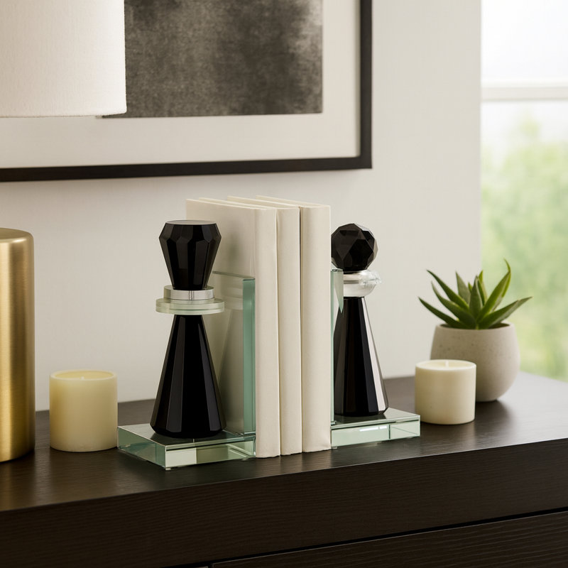 Modern Crystal Glass Bookends - Chess Piece Inspired Decorative Book Ends for Stylish Shelf and Home Decor - Set of 2, 7", Black and Clear