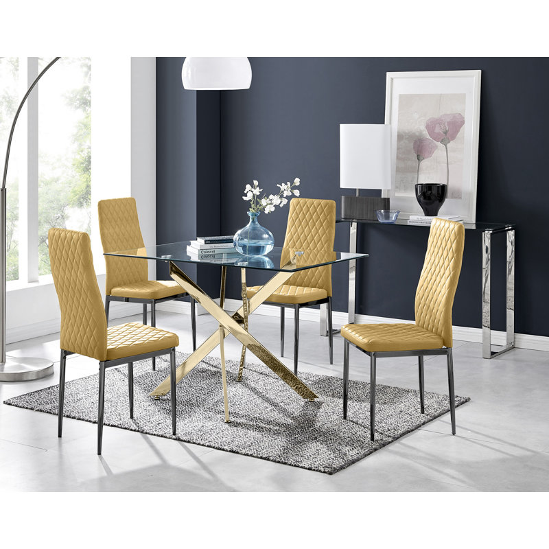Lenworth Glass Rectangular Dining Table Set with 4 Quilted Velvet Dining Chairs, Mustard, Gold