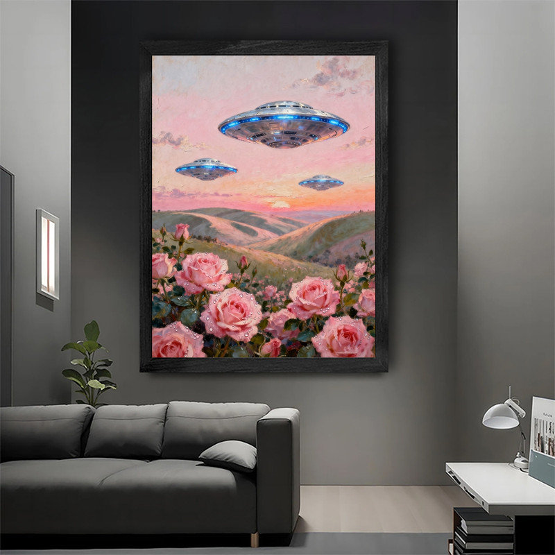 OVNI rétro et art mural noir, reproduction de paysage rétro surréel, H 37 po x l 25 po