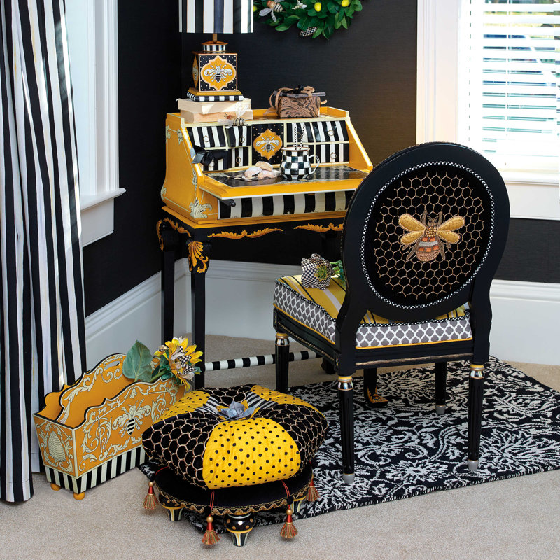 Handpainted Black Worker Bee 28" Writing Desk with Brass Accents