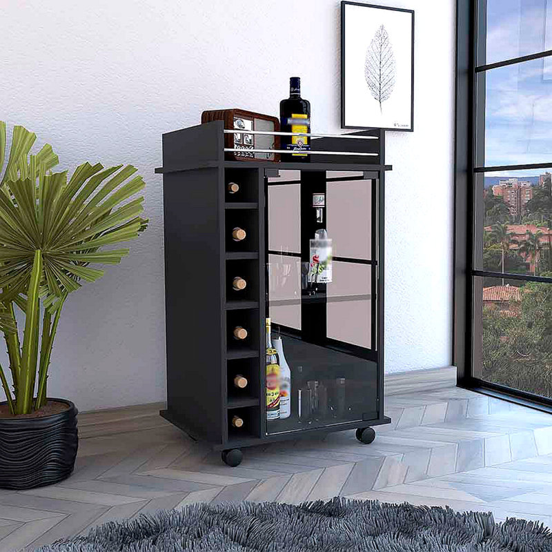 Chariot de bar Baltimore, armoire à deux niveaux avec porte en verre, finition de six cubes de vin en wengé