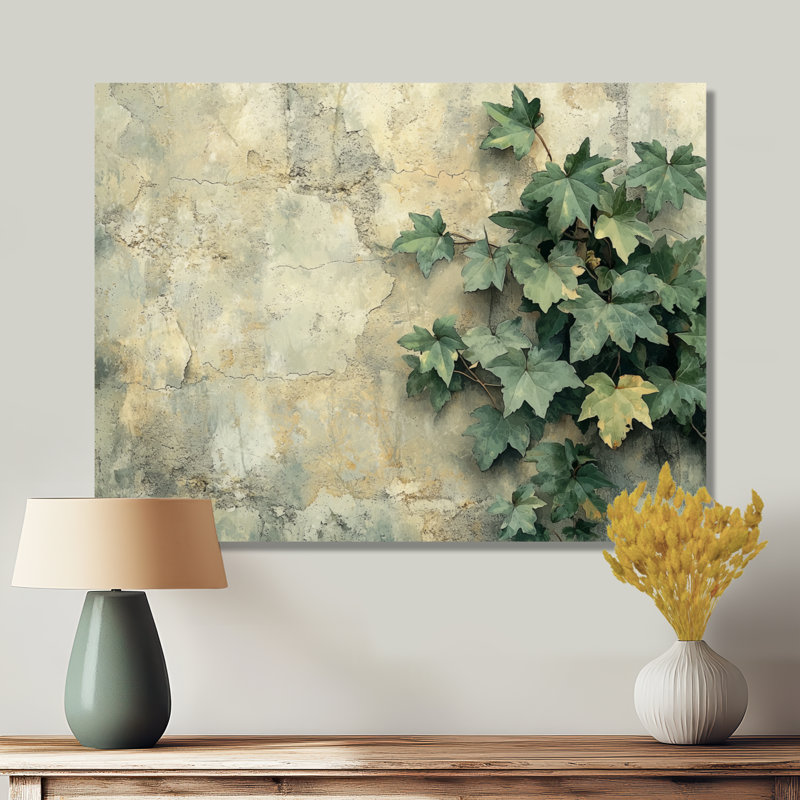 Collage de feuilles de lierre sur un mur I - feuilles, art mural pour le salon, H 24 po x l 32 po, Toile tendue