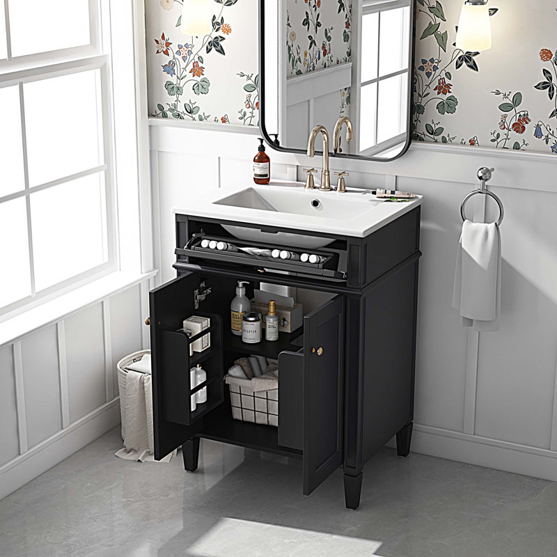 Meuble-lavabo 24 po avec lavabo en céramique, armoire de salle de bain avec 2 portes et tiroir coulissant, Noir