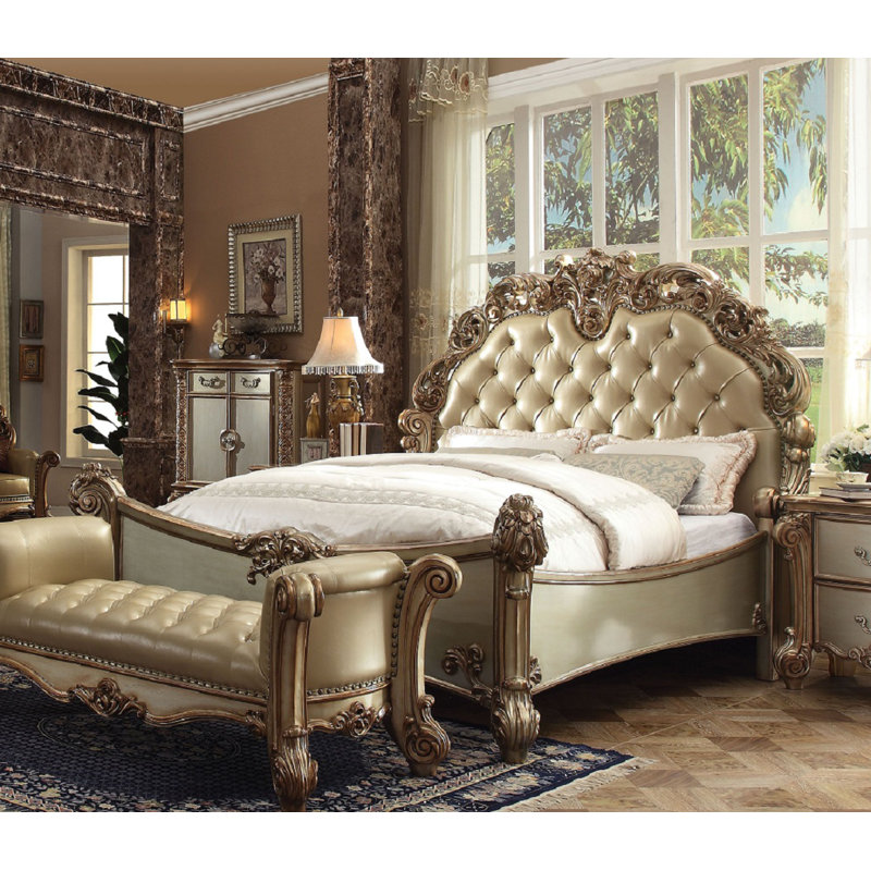 JV Upholstered Sleigh Bed, King, Bone PU/Gold Patina