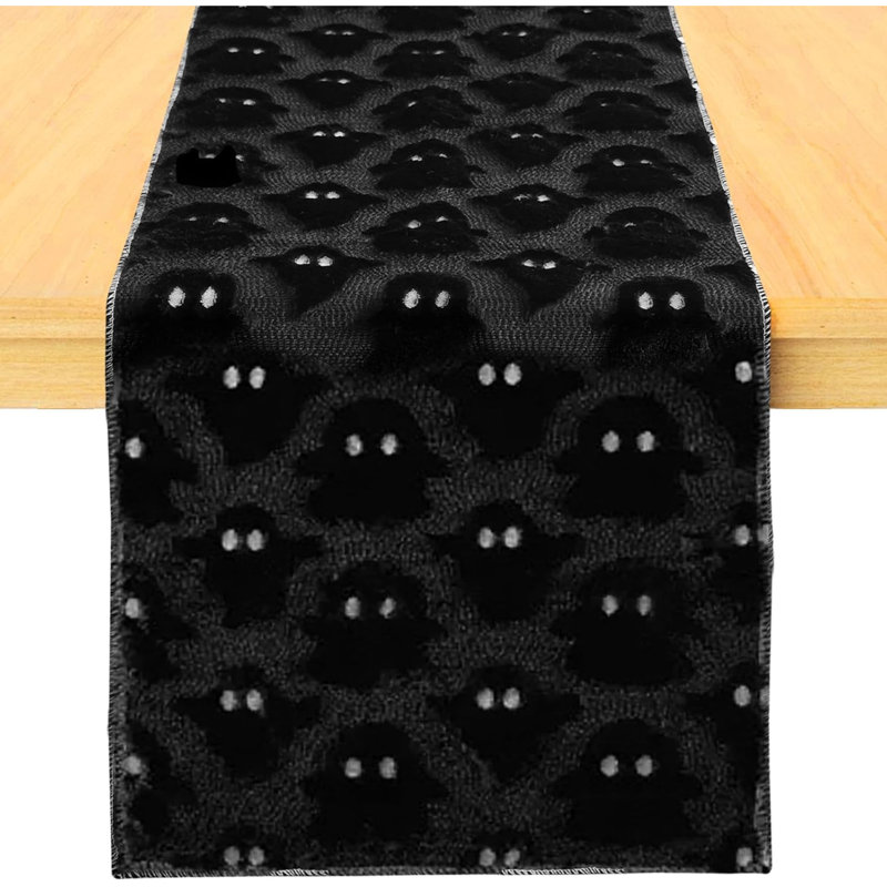 Halloween Ghost Table Runner 13×72 in, Soft Plush Table Cloth Spooky Fall Dining Kitchen Party Indoor Decoration (Black)