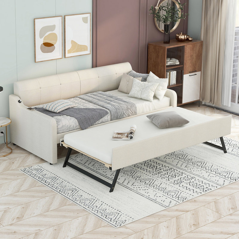 Lit de jour simple rembourré beige avec couchette réglable, port USB et structure solide