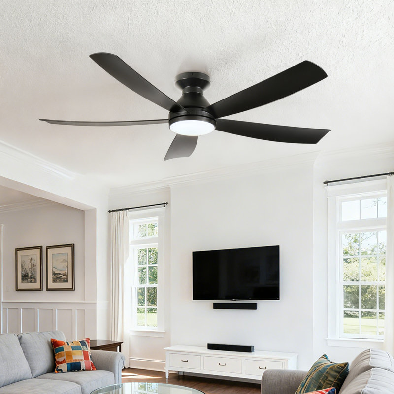 52 In. Black 5 Abs Blades Flush Mount Standard Ceiling Fan With Led Light And Remote