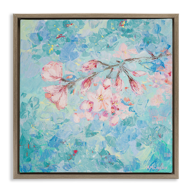 «Cherry Blossoms on Blue Brown» par Ann Marie Coolick, Cadre flottant orme Montalcino, H 18 po x l 18 po