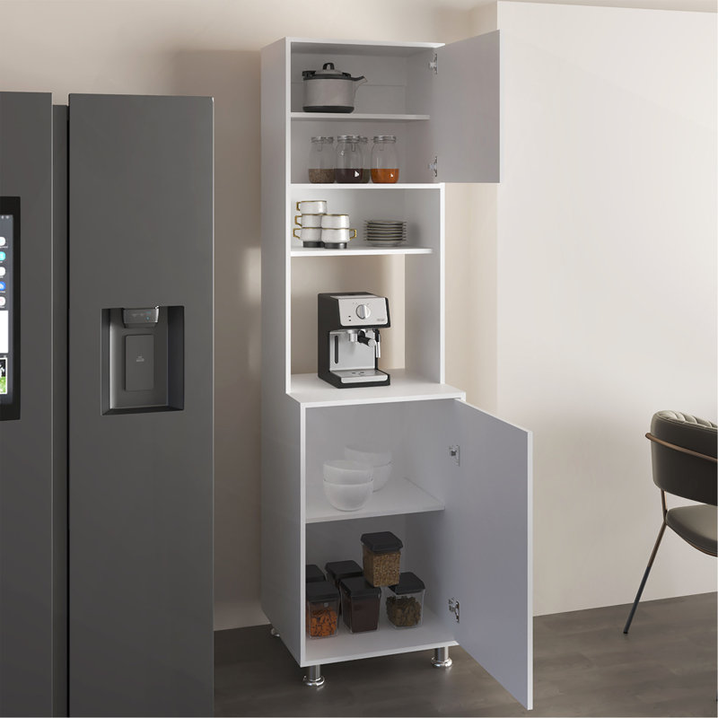 Armoire de cuisine Antares avec deux portes, tablette centrale ouverte et rangement supérieur, blanc