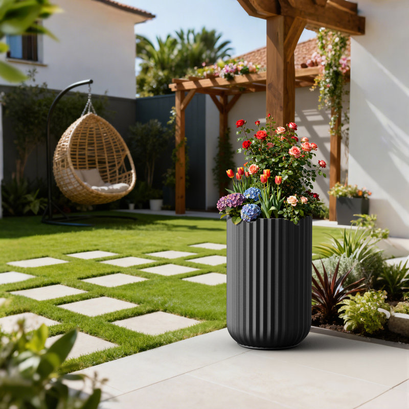 14 in. Large Matte Black(Upgraded Interior) Concrete Tall Round Planter / Pot Ribbed Design Plant Pot with Drainage Hole