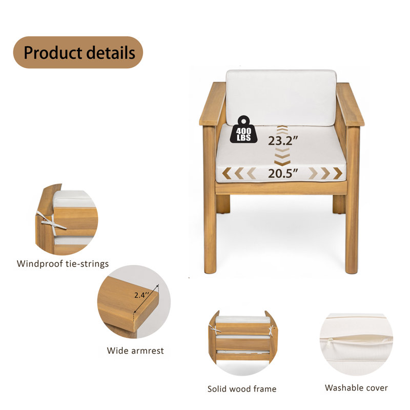 Ensemble de table de patio 7 pièces avec coussins amovibles (coussins moka et beige), Teck clair