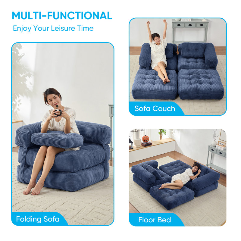 34" Folding Floor Sofa Bed – Ergonomic Lounger with Removable Cushions, Dark Blue