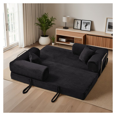 80'' Convertible Corduroy Sofa Bed - Foldable Futon Couch in a Box with Pillow & Armrest, Modern Small Space Furniture for Living Room, Bedroom (Black)