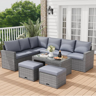 Ensemble de canapé de patio 5 pièces en rotin en PE, coussins de canapé tissés de 221 cm pour porche et balcon, gris