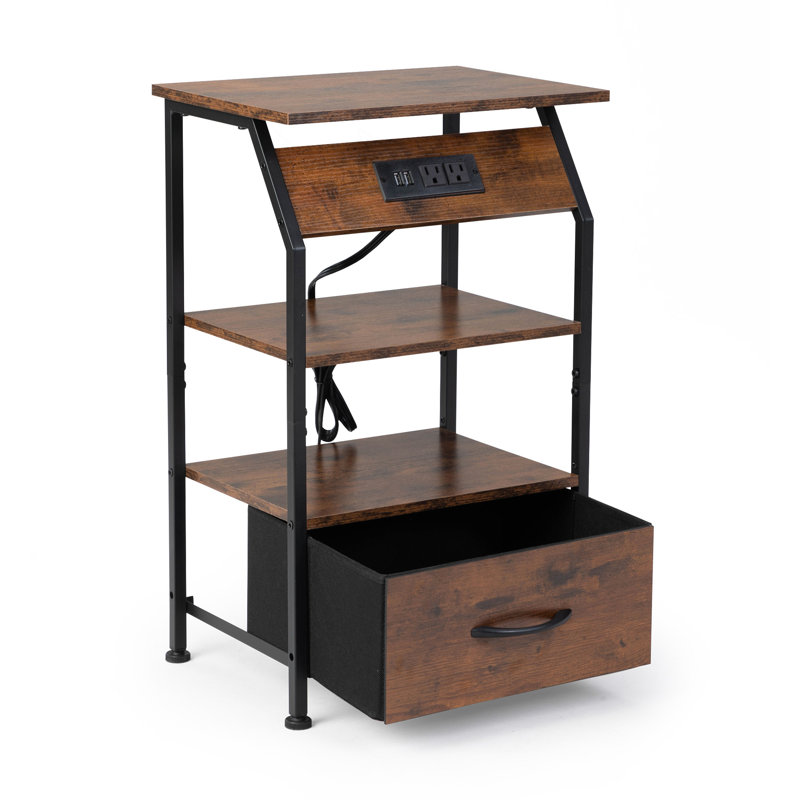 Rustic Brown Metal and Wood Nightstands with Charging Station, Set of 2