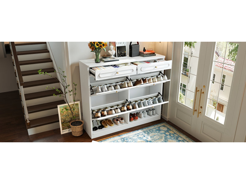 Farmhouse Shoe Storage Cabinet With Drawers, Engineered Wood And Sturdy Construction, White