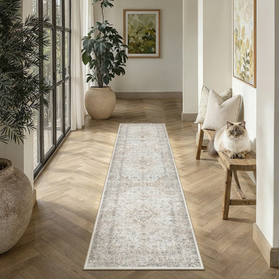 Stella Oriental Beige Area Rug with Non-Slip Backing & Roll-Pack Design