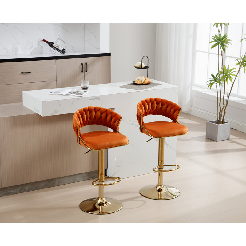 Modern Velvet Adjustable Bar Stool With 360 Degree Swivel Counter Chair, Orange/Gold Frame