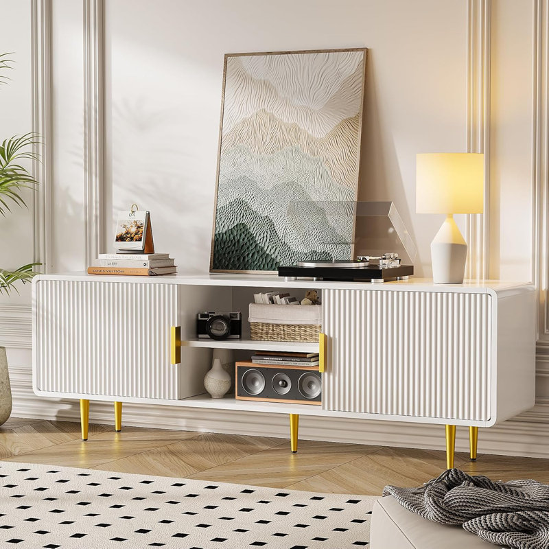 Round Corner TV Stand Entertainment Center – Modern Storage Cabinet & Cable Management for TVs Up to 65", White