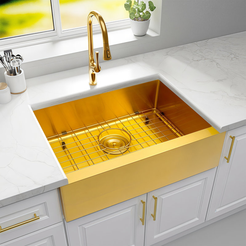 23" L X 16" W X 7" D Stainless Steel Farmhouse Apron Bar Prep RV Sink  With Sink Grid And Basket Strainer, Gold