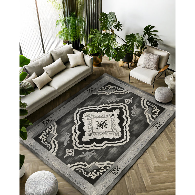 Rayhan Collection Digital Print Cotton-Polyester Black Gray Moroccan Rug, Rectangle 3'4" x 5'