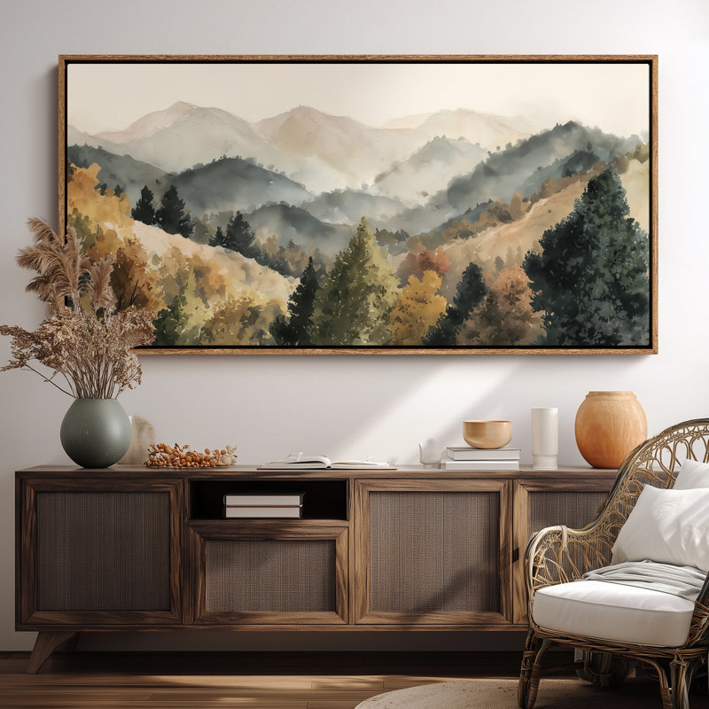 «Mountain View Watercolor Landscape for Living Room», impression murale, H 30 po x l 60 po, Naturel