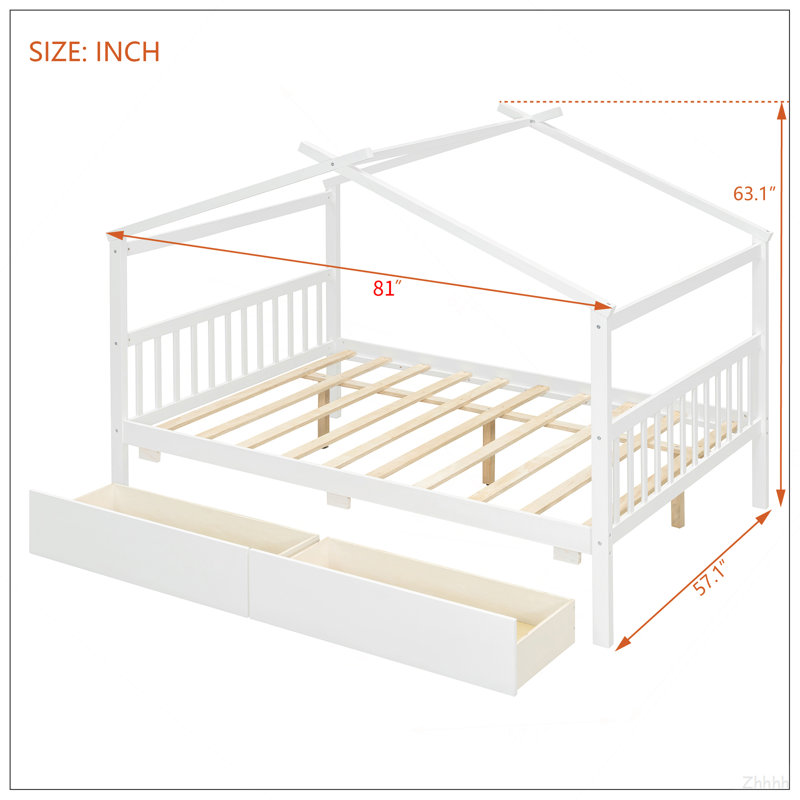 Lit double en bois avec tiroirs, blanc, White
