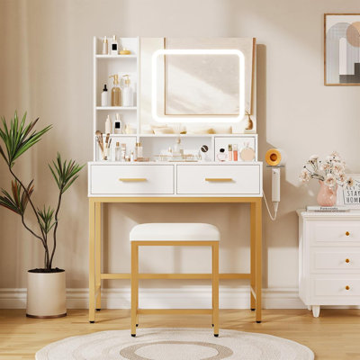 Bureau de maquillage avec miroir et lumières 3 couleurs, coiffeuse avec fauteuil, ensemble de table de maquillage avec 4 tiroirs, prise de courant et tablettes de rangement, pour la chambre à coucher