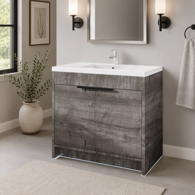 Meuble-lavabo autoportant de 91 cm avec lavabo, armoire en contreplaqué, porte à fermeture amortie, lavabo en céramique antidébordement