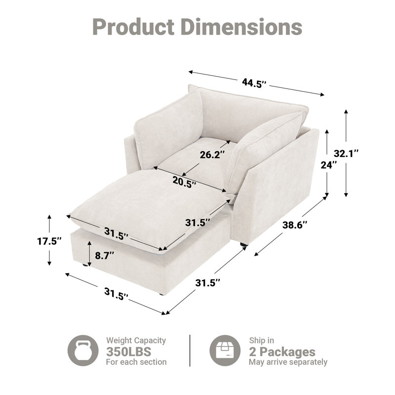 Fauteuil d'appoint avec repose-pieds 44,49 po Heffernan, Chenille blanche
