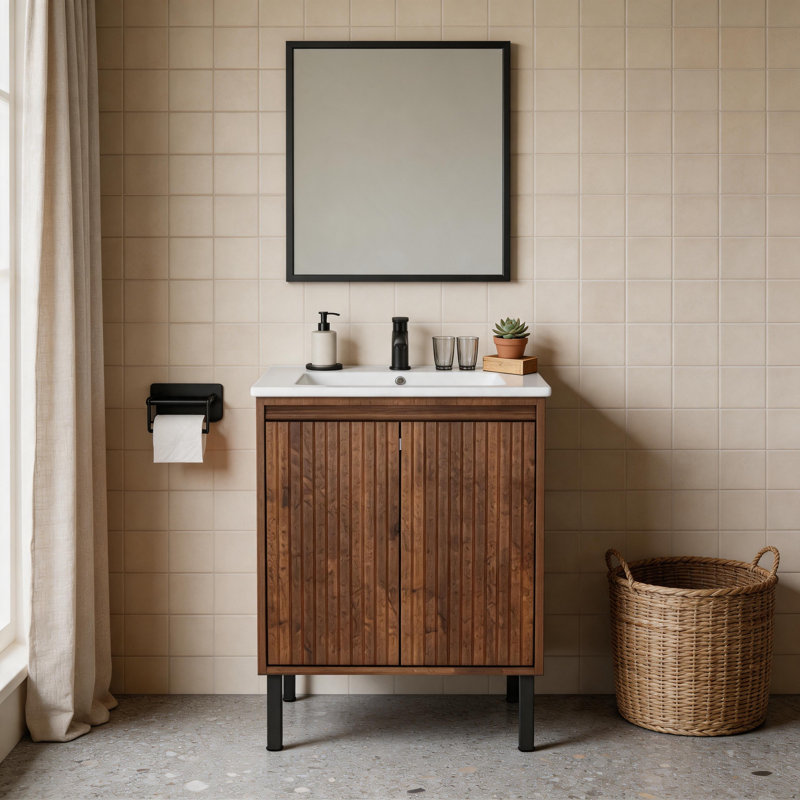 Meuble-lavabo autoportant en noyer de 61 cm avec lavabo en céramique, L 23 po