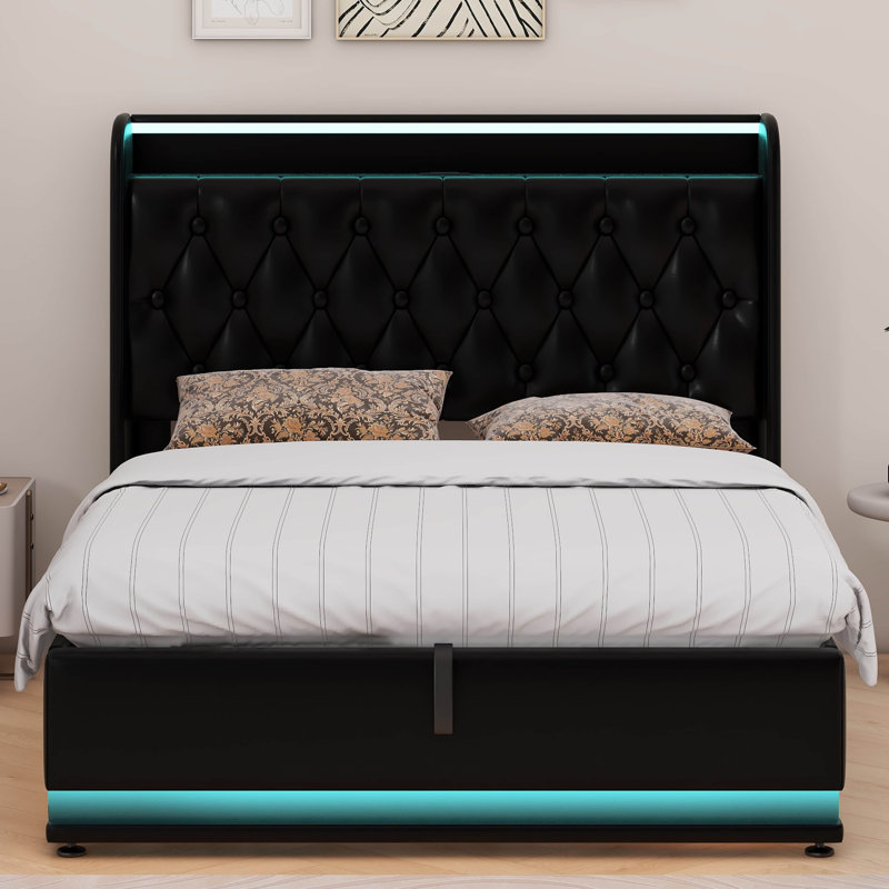 Upholstered Bed, 360 Surround LED Function, Buttons/Apps/Remote Control, Hydraulic Storage Bed With USB Type-C Charging, Full