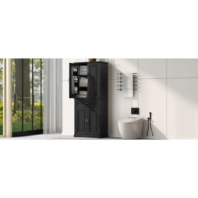Armoire de rangement pour salle de bain avec portes et tiroir, plusieurs espaces de rangement, tablette réglable, noir