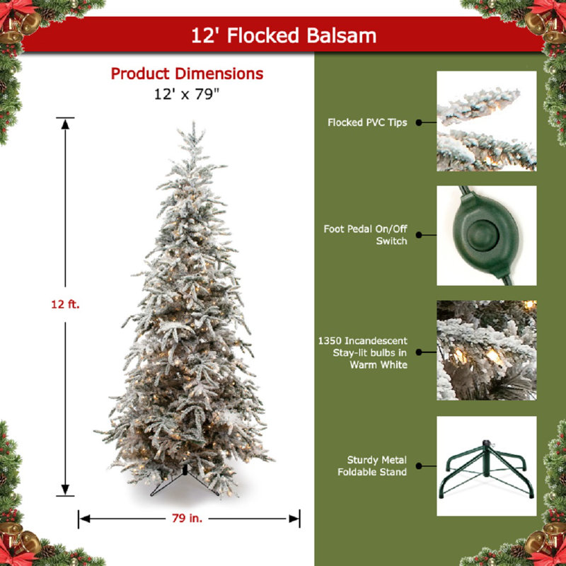 12-Foot Flocked Pine Artificial Christmas Tree with Warm White LED Lights