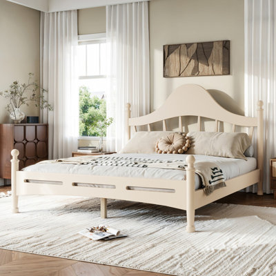 Queen Size Platform Bed with Chic Headboard, Solid Wood BED Frame with Slatted Support, No Box Spring Needed and Low to Ground Design, Beige