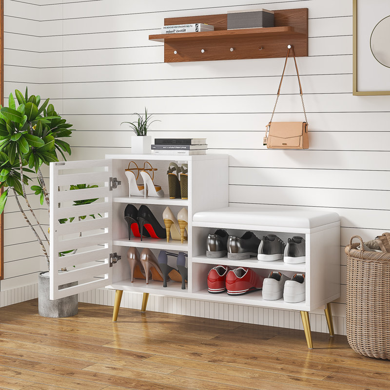 Bunceton Shoe Storage Cabinet Bench with Cushion Seat, White
