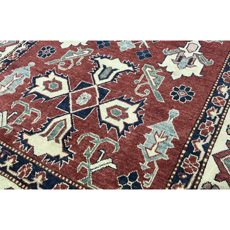 Tapis rouge, ivoire et bleu noué à la main de haute qualité