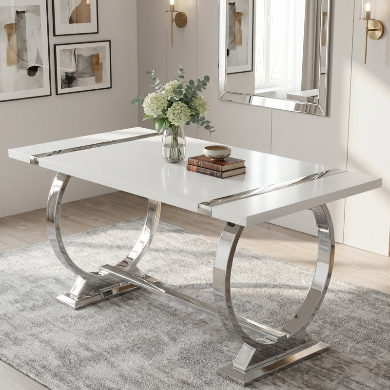 Table de salle à manger rectangulaire moderne avec base en acier inoxydable poli, H 30 po x L 60 po x l 32 po, Blanc, Argent