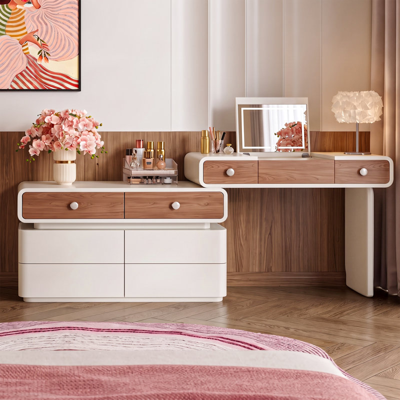 Coiffeuse moderne avec miroir lumineux et station de recharge, table de maquillage réversible en forme de L avec plateau rabattable, bureau 2 en 1 avec tiroirs et armoire de rangement, crème et noyer