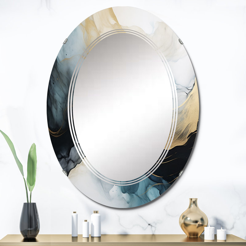 Subtil Sensations Nova bleu et or aquarelle I - Miroir mural moderne ovale, 36 po x 24 po
