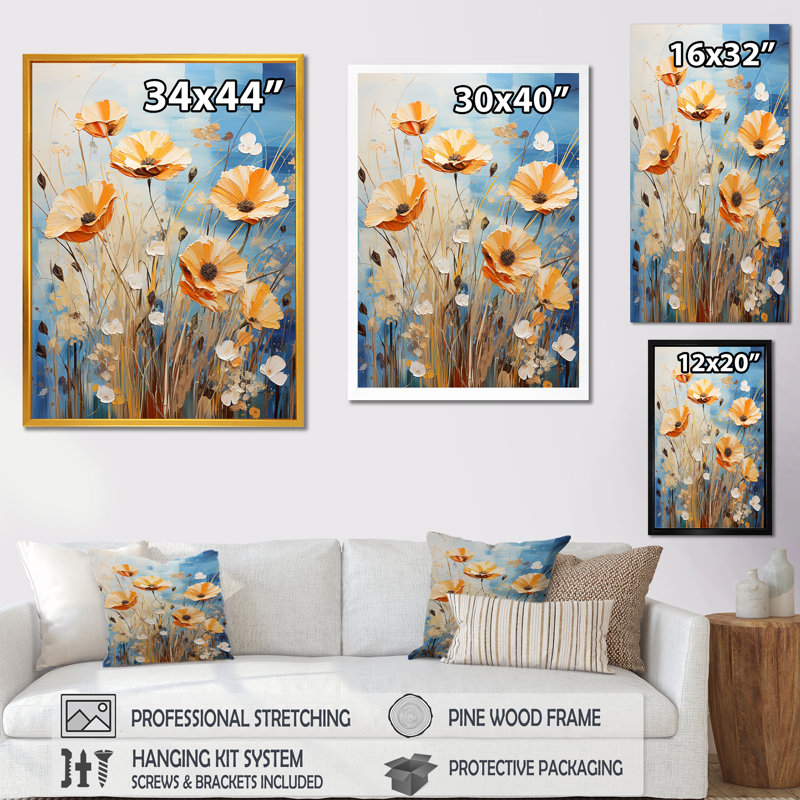 «Yellow Calm Cornflowers Meadows» - Art mural bleuets, H 20 po x l 12 po x P 1 po, Cadre photo argenté