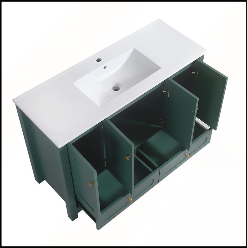 Meuble-lavabo vert 48 po avec lavabo en résine, rangement abondant, portes et tiroirs à fermeture en douceur, Vert