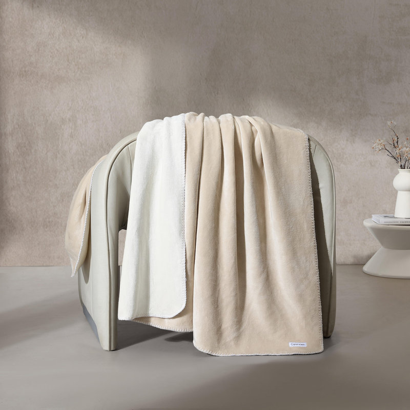 Calvin Klein Modern Reversible Lush Solid Blanket, Beige, Throw