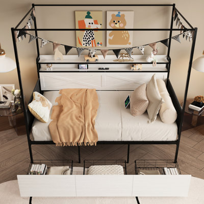 Cadre de lit simple blanc, conception moderne, avec 3 tiroirs de rangement, installation de chargement et bandes à DEL pour la chambre à coucher - cadre de grande taille équipé de compartiments de lit, rangée