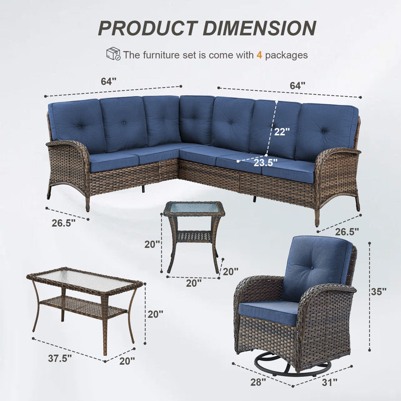 Ensemble de canapé modulaire d'extérieur en forme de L avec chaises pivotantes Valierius, osier en PE, coussins résistants à l'eau